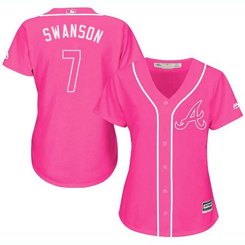 Braves #7 Dansby Swanson Pink Fashion Women's Stitched MLB Jersey - Click Image to Close